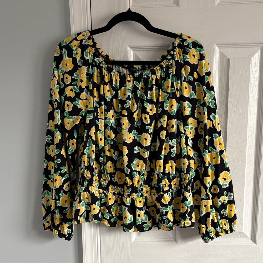 Ann Taylor Long Sleeve Gathered Waist Peplum Black & Yellow Floral Blouse Sz L